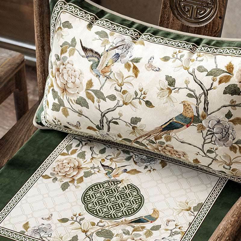Chinoiserie Warm Spring Dark Green Flower and Birds Chair Cushion - SinoCultural -- SC012A38