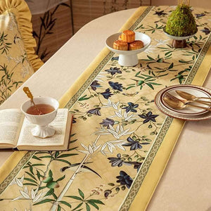 Chinoiserie Traditional Autumn Orchids Yellow Table Runner - SinoCultural -- TR013Y160