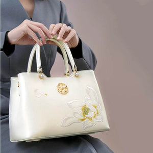 Embroidery Leather White Crossbody Tote Bag Lotus Luxury Gift - SinoCultural -- P120279