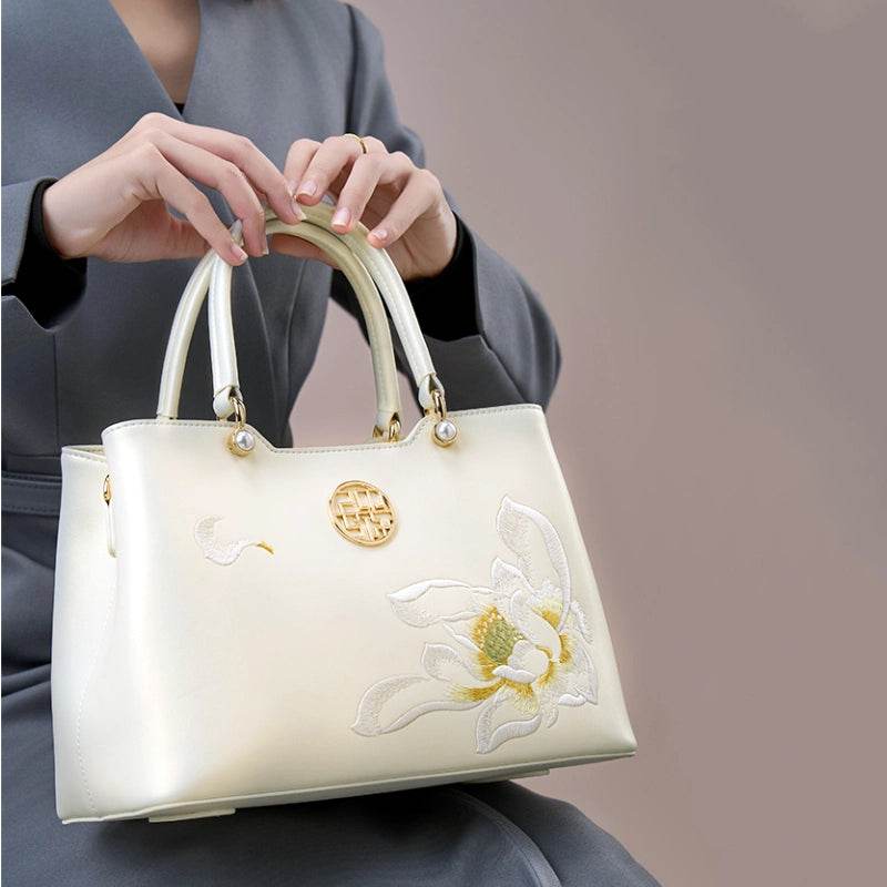 Embroidery Leather White Crossbody Tote Bag Lotus Luxury Gift - SinoCultural -- P120279