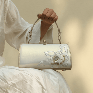Embroidery Leather White Shoulder Bag Lotus Elegant Handbag - SinoCultural -- P120312