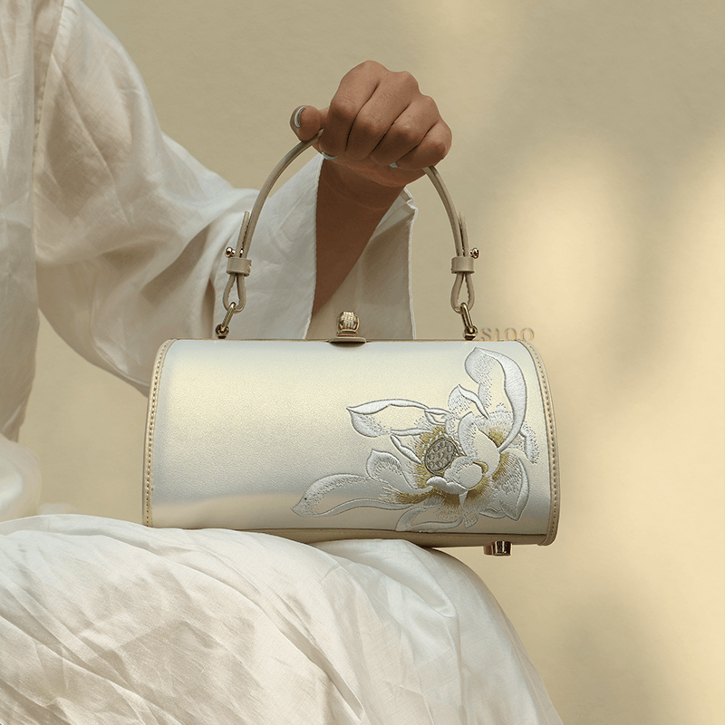 Embroidery Leather White Shoulder Bag Lotus Elegant Handbag - SinoCultural -- P120312