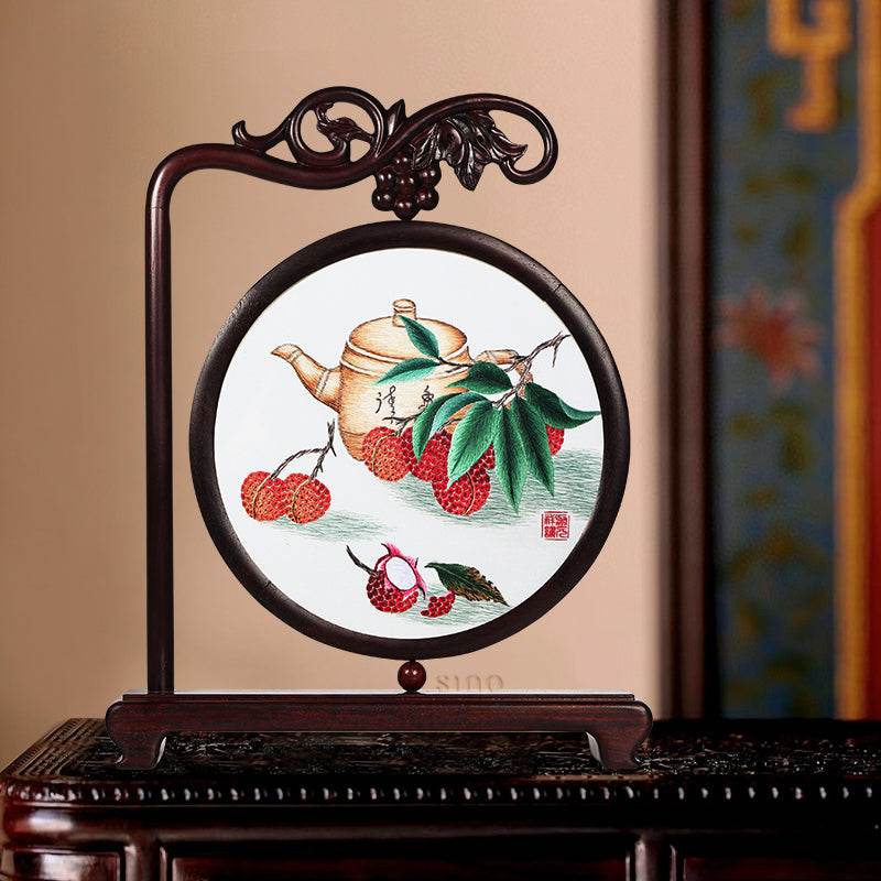 Handcrafted Mulberry Silk Lychee Double-Sided Embroidery Tabletop Decoration - SinoCultural -- JZSX001A14