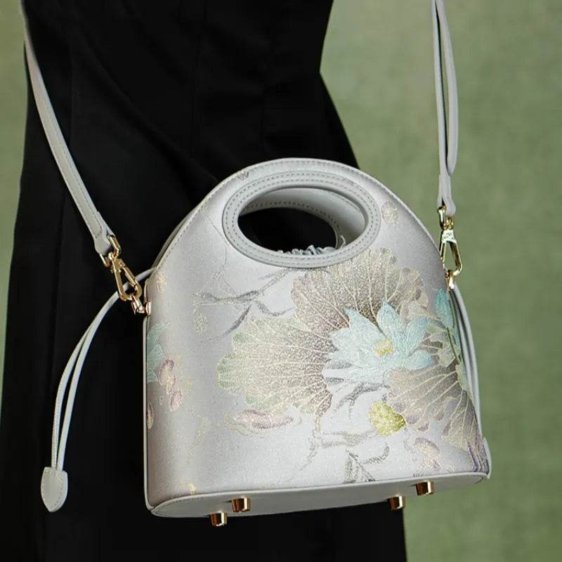 Printed Jacquard Lotus Gray Drawstring Bucket Bag - SinoCultural -- LD120670-1