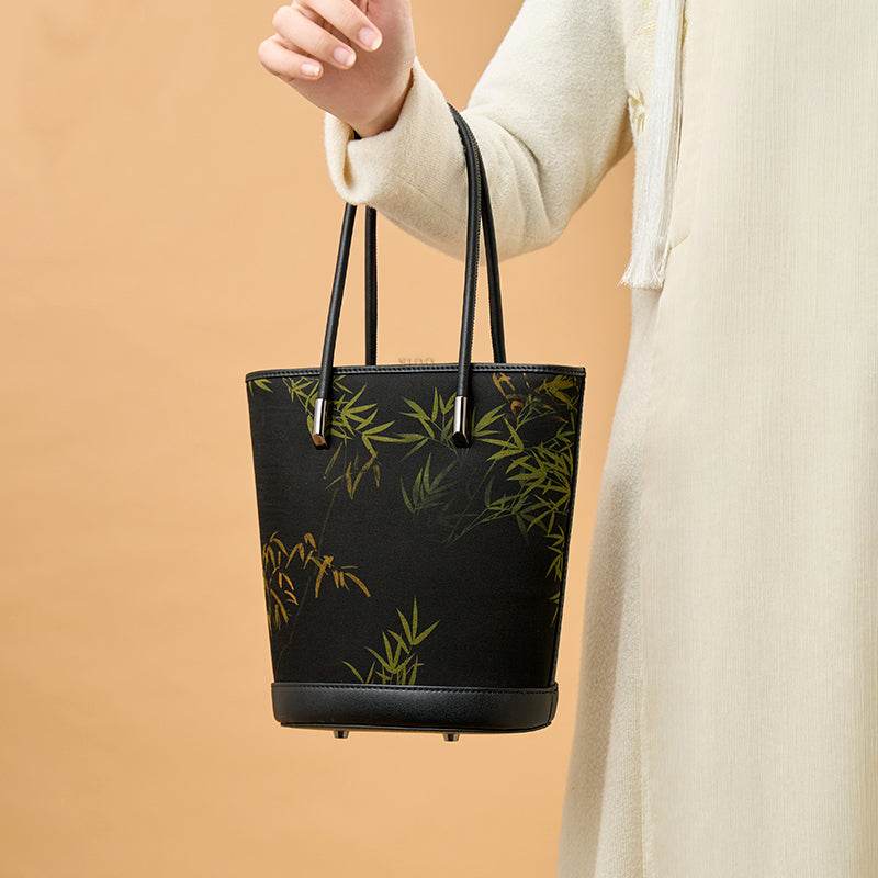 Xiangyunsha Silk Black Bamboo Print Crossbody Bucket Bag - SinoCultural -- P110608