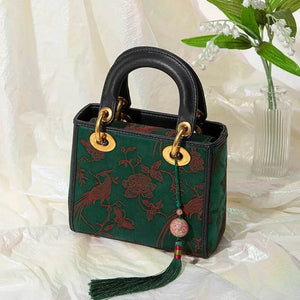 Xiangyunsha Silk Green Retro Cowhide Handbag with Pendant - SinoCultural -- KM-0126-S3