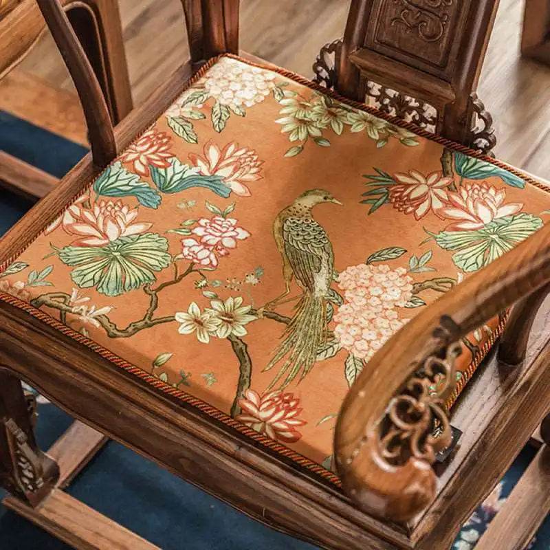 Chinoiserie Mountain Hydrangea Short Plush Wooden Chair Cushion - SinoCultural -- SC003A38