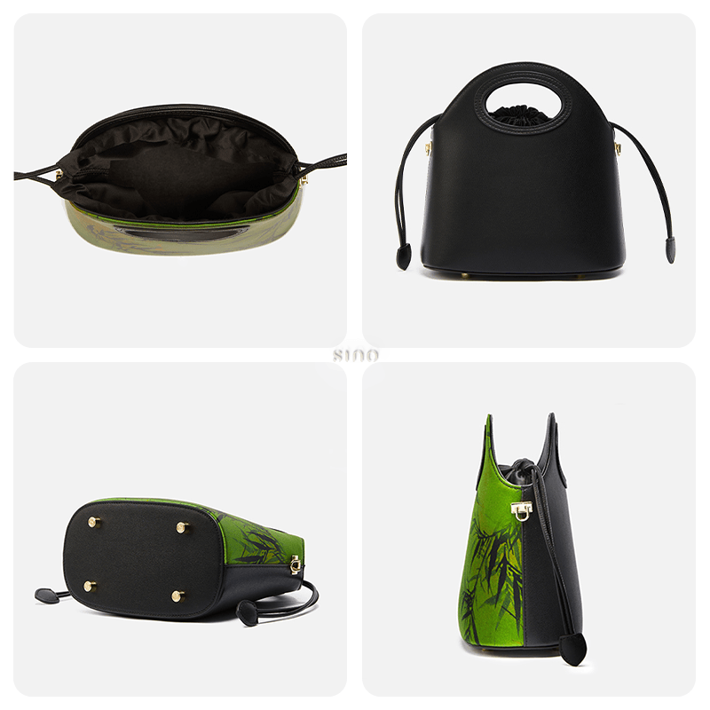 Xiangyunsha Silk Bamboo Green Drawstring Bucket Bag - SinoCultural -- YS120670-2