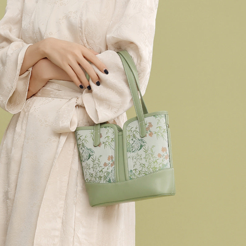 Song Brocade Bag New Chinese Style Genuine Leather Bucket Bag