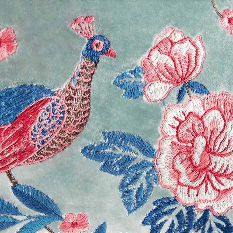 Chinoiserie Embroidery Crane and Peony Bolster Lumbar Pillow - SinoCultural -- SJZBZ070A