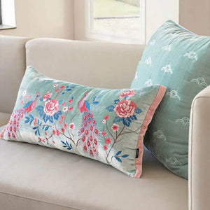 Chinoiserie Embroidery Crane and Peony Bolster Lumbar Pillow - SinoCultural -- SJZBZ070A