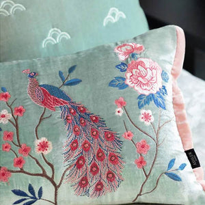 Chinoiserie Embroidery Crane and Peony Bolster Lumbar Pillow - SinoCultural -- SJZBZ070A