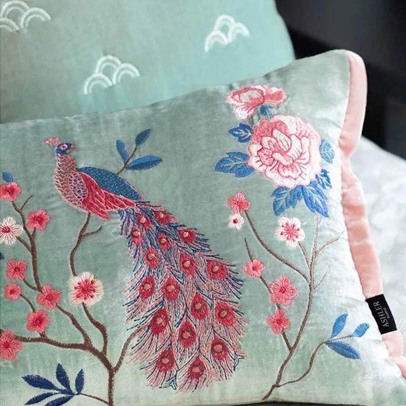 Chinoiserie Embroidery Crane and Peony Bolster Lumbar Pillow - SinoCultural -- SJZBZ070A