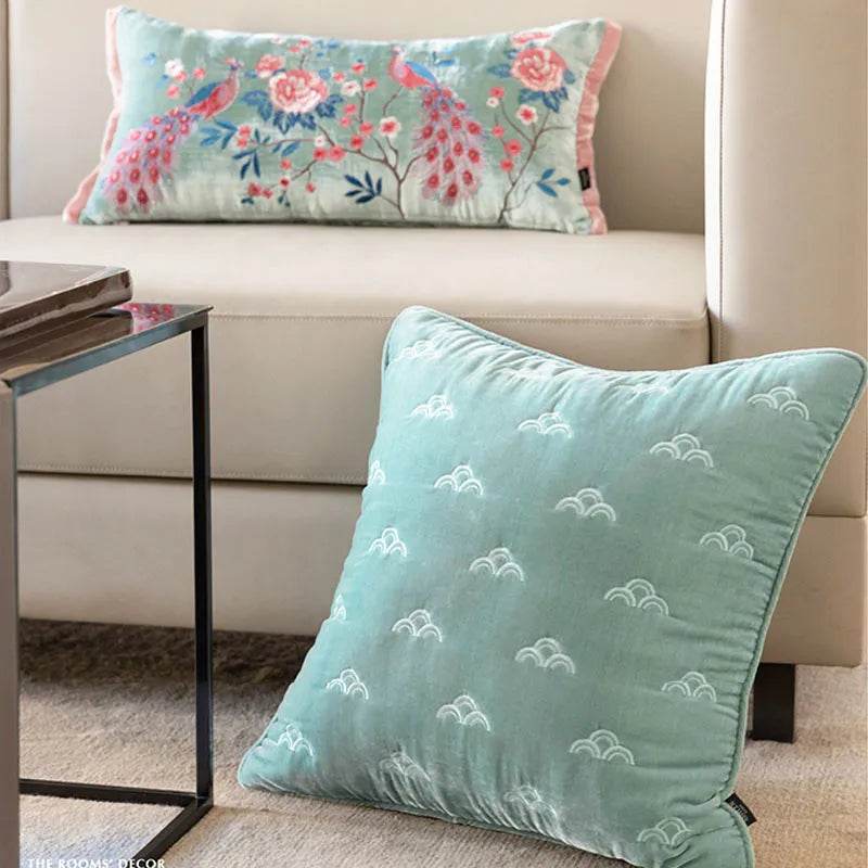 Chinoiserie Embroidery Crane and Peony Bolster Lumbar Pillow - SinoCultural -- SJZBZ070A