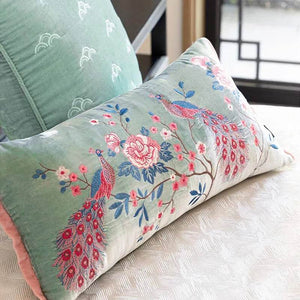 Chinoiserie Embroidery Crane and Peony Bolster Lumbar Pillow - SinoCultural -- SJZBZ070A