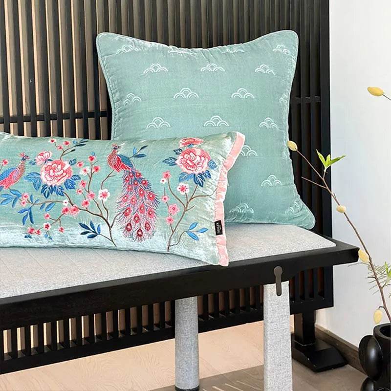 Chinoiserie Embroidery Crane and Peony Bolster Lumbar Pillow - SinoCultural -- SJZBZ070A