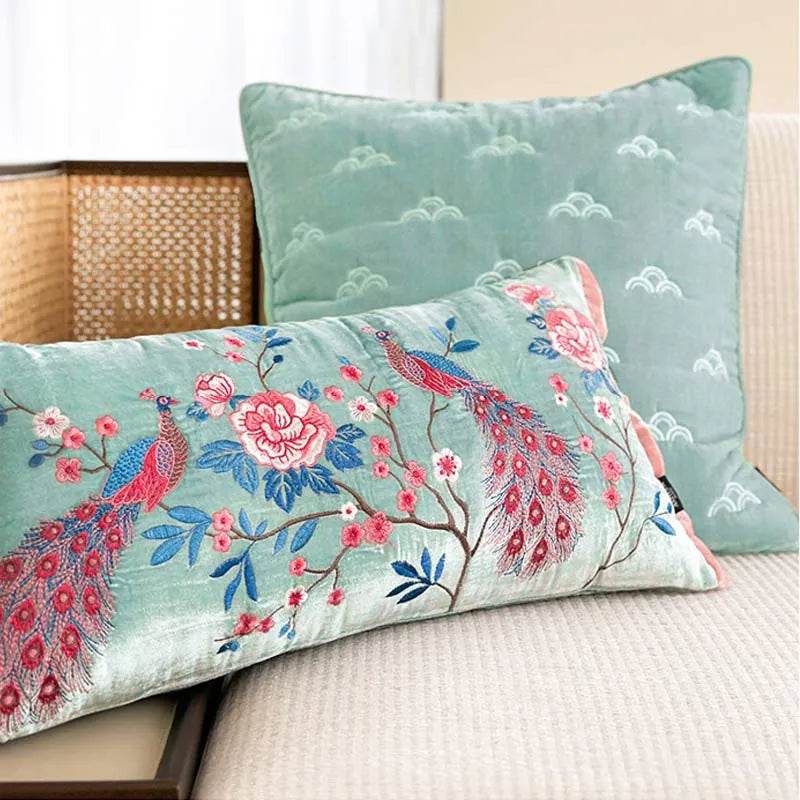 Chinoiserie Embroidery Crane and Peony Bolster Lumbar Pillow - SinoCultural -- SJZBZ070A