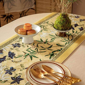 Chinoiserie Traditional Autumn Orchids Yellow Table Runner - SinoCultural -- TR013Y160