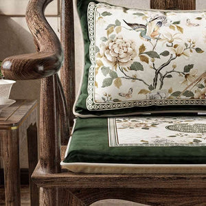 Chinoiserie Warm Spring Dark Green Flower and Birds Chair Cushion - SinoCultural -- SC012A38