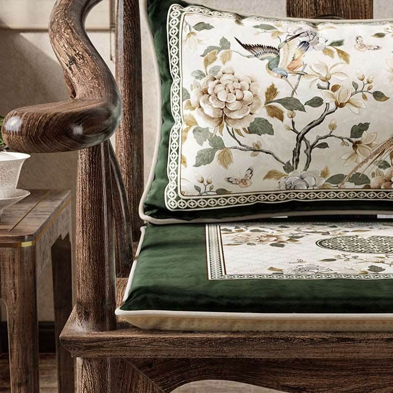 Chinoiserie Warm Spring Dark Green Flower and Birds Chair Cushion - SinoCultural -- SC012A38
