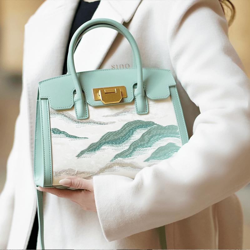 Embroidery Leather Elegant Birkin Handbag Cloud Mountain - SinoCultural -- P120659-1