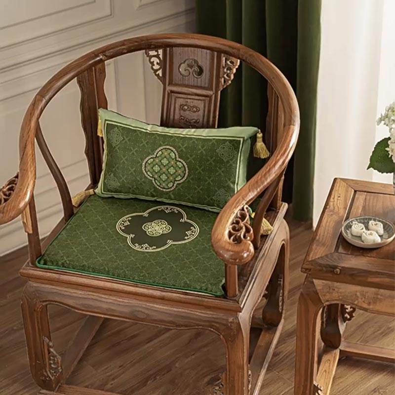 Chinoiserie Dark Green Vintage Short Plush Chair Cushion - SinoCultural -- SC001A38