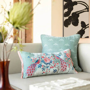 Chinoiserie Embroidery Crane and Peony Bolster Lumbar Pillow - SinoCultural -- SJZBZ070A