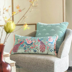 Chinoiserie Embroidery Crane and Peony Bolster Lumbar Pillow - SinoCultural -- SJZBZ070A