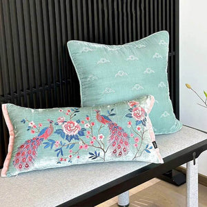 Chinoiserie Embroidery Crane and Peony Bolster Lumbar Pillow - SinoCultural -- SJZBZ070A