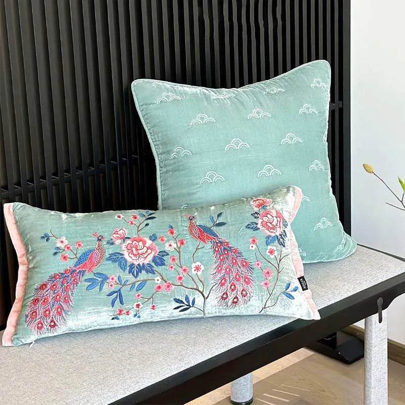 Chinoiserie Embroidery Crane and Peony Bolster Lumbar Pillow - SinoCultural -- SJZBZ070A