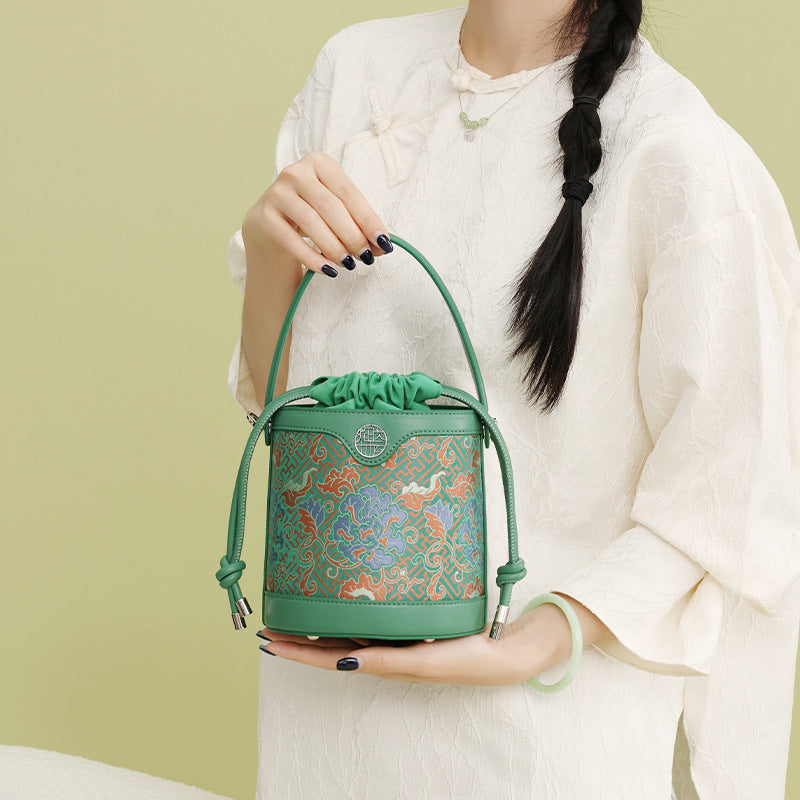 Song Brocade Bag New Chinese Style Genuine Leather Bucket Bag