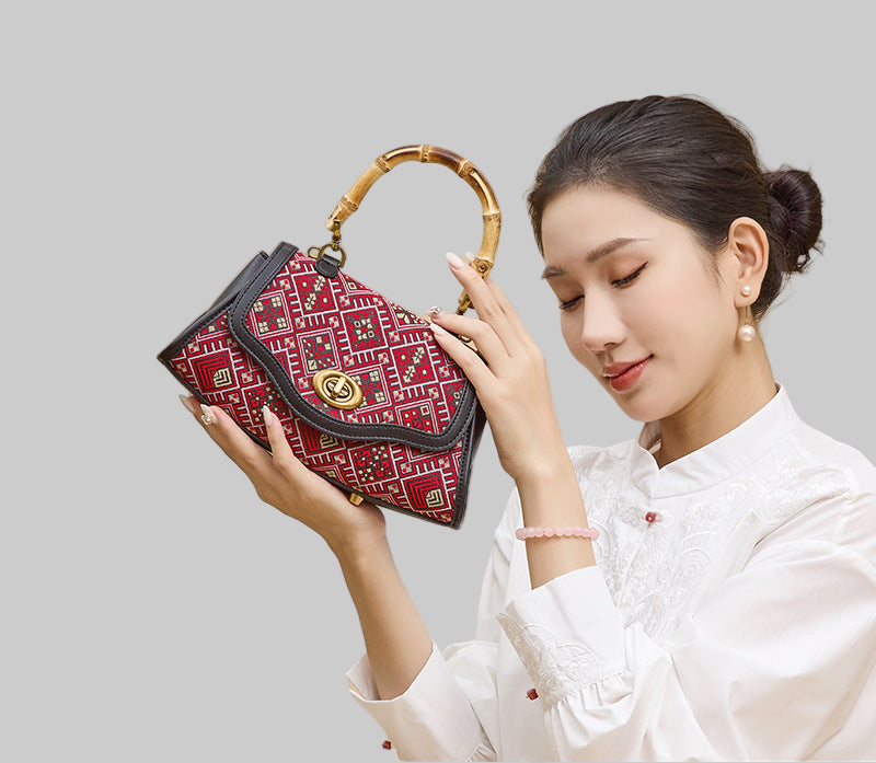 Tan Xiangguang Intangible Cultural Heritage Zhuang Brocade New Chinese Style Genuine Leather Retro Fashion Handbag