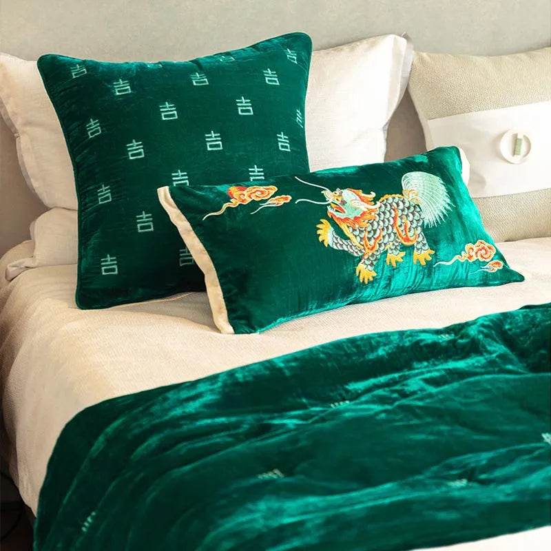 Chinoiserie Embroidery Vintage Green Velvet Throw Pillow - SinoCultural -- SJZBZ071A