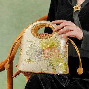 Printed Jacquard Lotus Khaki Drawstring Bucket Bag - SinoCultural -- LD120670-3