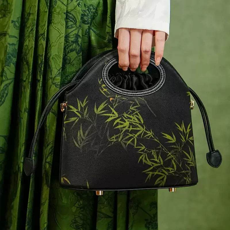 Xiangyunsha Silk Bamboo Black Drawstring Bucket Bag - SinoCultural -- YS120670-1