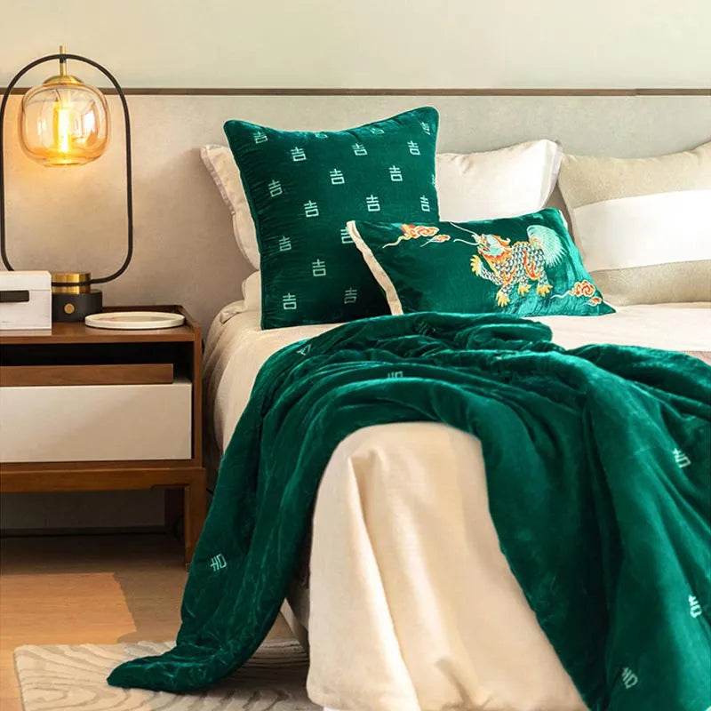Chinoiserie Embroidery Vintage Green Velvet Throw Pillow - SinoCultural -- SJZBZ071A