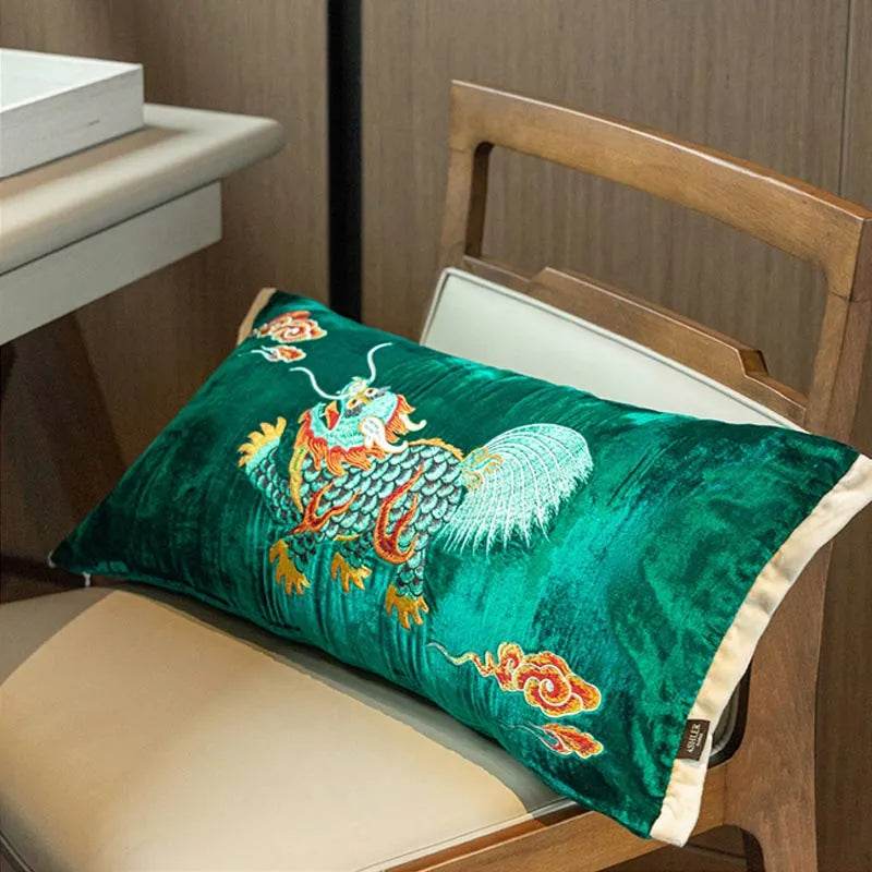 Chinoiserie Embroidery Vintage Green Velvet Throw Pillow - SinoCultural -- SJZBZ071A