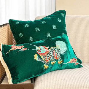Chinoiserie Embroidery Vintage Green Velvet Throw Pillow - SinoCultural -- SJZBZ071A