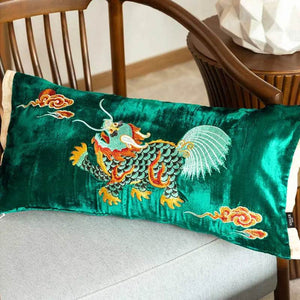 Chinoiserie Embroidery Vintage Green Velvet Throw Pillow - SinoCultural -- SJZBZ071A