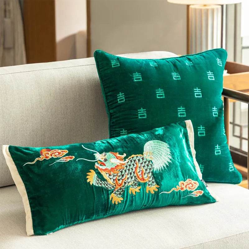 Chinoiserie Embroidery Vintage Green Velvet Throw Pillow - SinoCultural -- SJZBZ071A