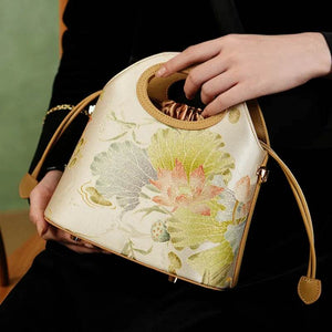 Printed Jacquard Lotus Khaki Drawstring Bucket Bag - SinoCultural -- LD120670-3