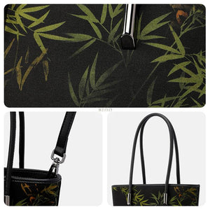 Xiangyunsha Silk Black Bamboo Print Crossbody Bucket Bag - SinoCultural -- P110608
