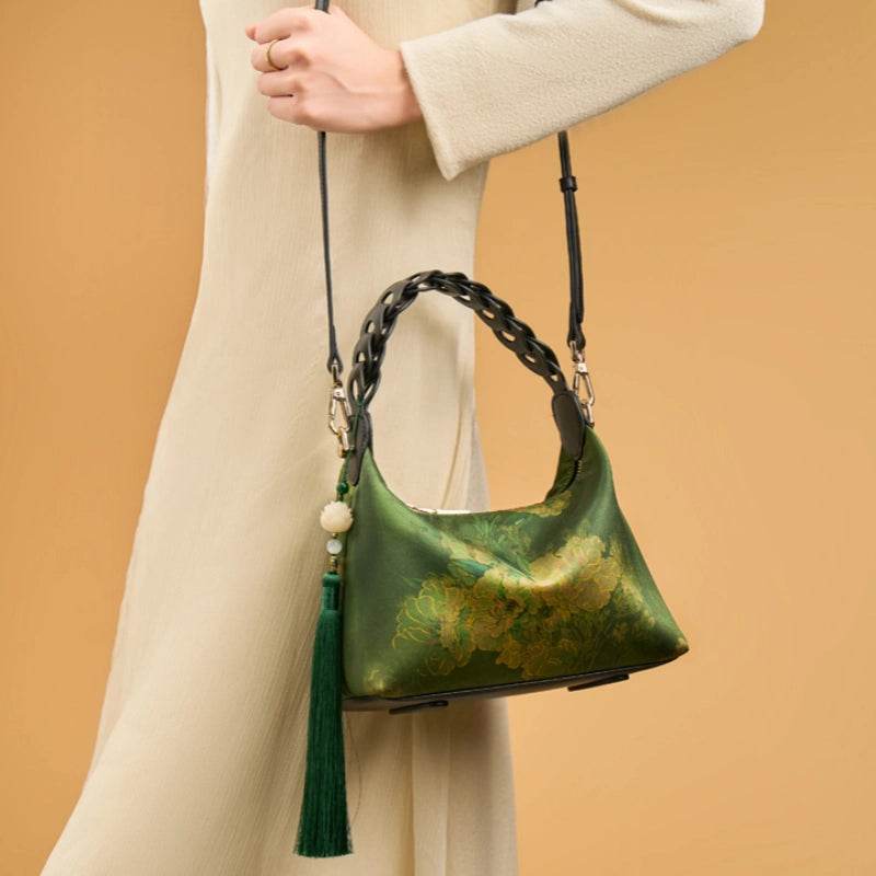 Xiangyunsha Silk Dark Green Mulberry Silk Shoulder Bag - SinoCultural -- P170083-2