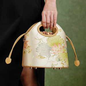 Printed Jacquard Lotus Khaki Drawstring Bucket Bag - SinoCultural -- LD120670-3