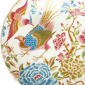 Left side floral and bird detail of 9’’ bone china salad plate.