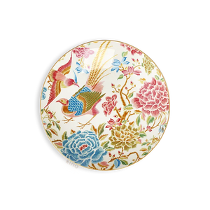 9’’ round bone china salad plate with floral and bird design.