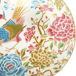 Right side floral and bird detail of 9’’ bone china salad plate.