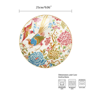 Size chart of 9’’ round bone china salad plate, 23 cm diameter.