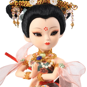 Front face of 9-inch Dunhuang "Drumming Grace" doll with drumming pose and beaded necklace.