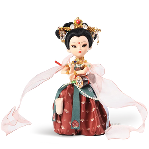 9-inch handmade Dunhuang Flying Apsara "Drumming Grace" doll front view with drumming pose, silk outfit, and flowing ribbons.